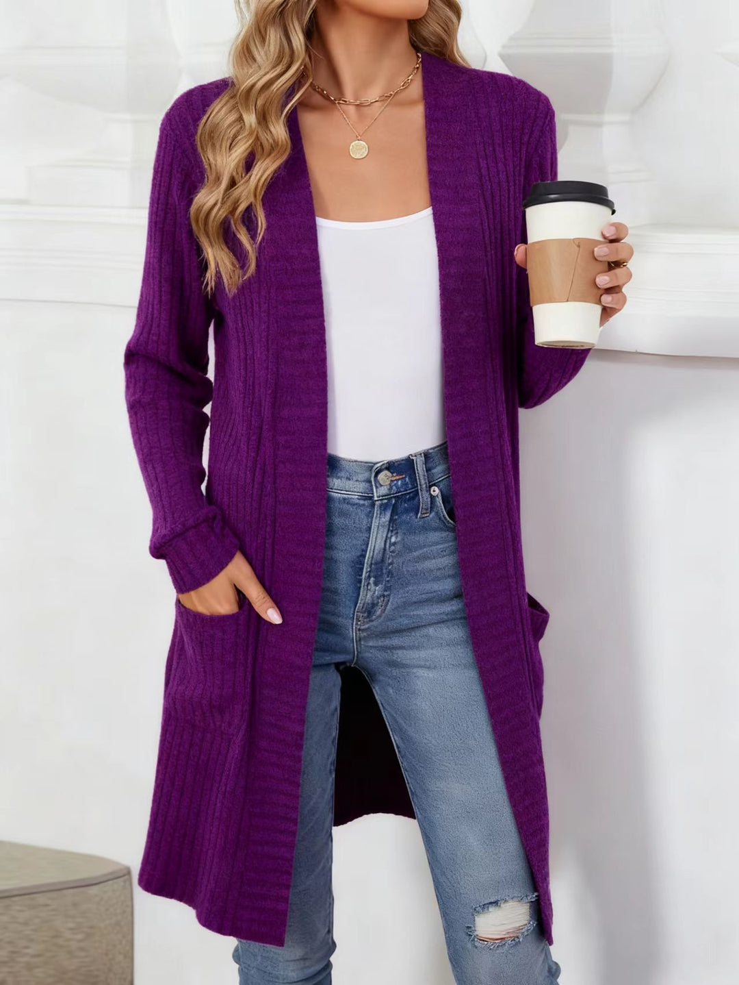 Damen Longcardigan aus geripptem Chenille mit aufgesetzten Taschen Drune