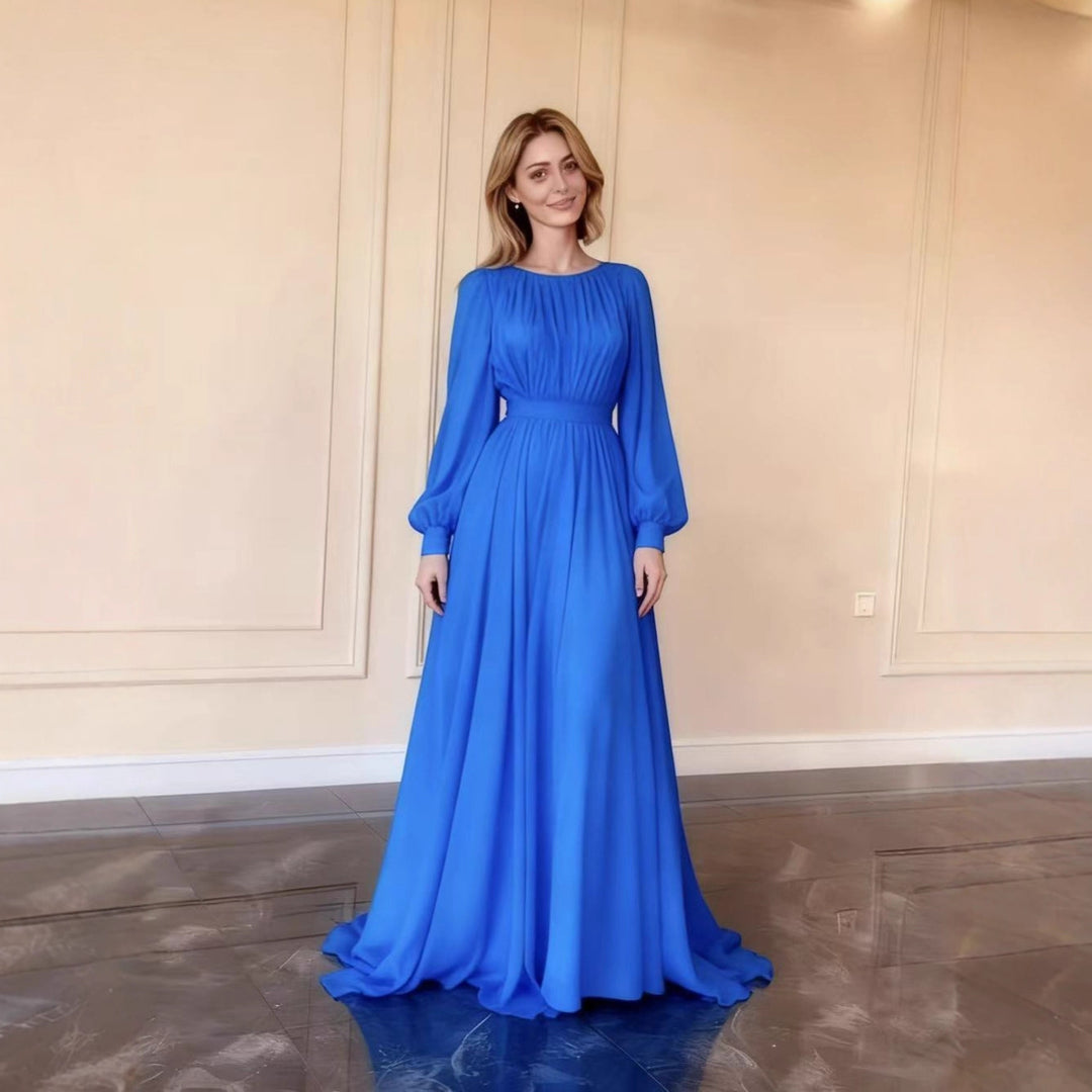 Damen Elegantes Langkleid mit schmalem Taillenband und Ballonärmeln Drune