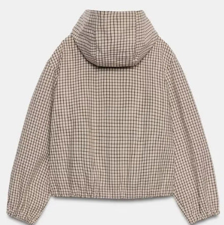 Damen Karierte Cropped Kapuzenjacke mit Tunnelzugsaum und Zwei‑Wege‑Reißverschluss Drune