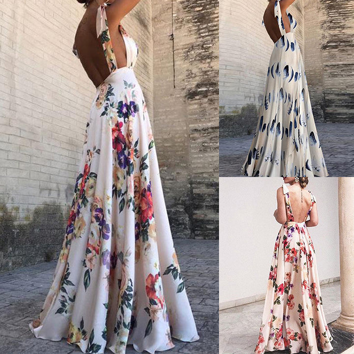 Damen Maxikleid mit floralem Design und tiefem V-Ausschnitt Drune