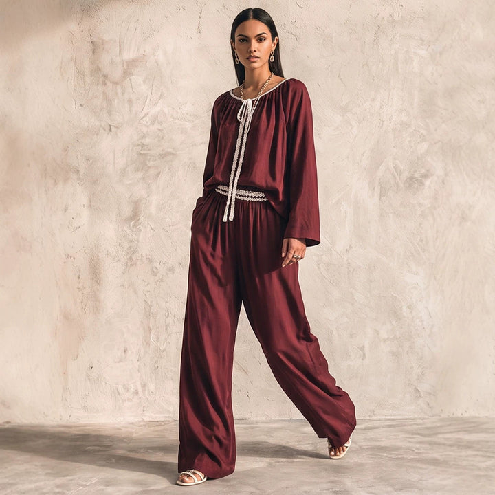 Damen Fließendes zweiteiliges Loungewear-Set aus Seidenoptik mit weiter Palazzohose und geraffter Tunika Drune
