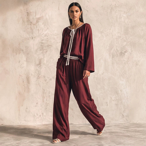Damen Fließendes zweiteiliges Loungewear-Set aus Seidenoptik mit weiter Palazzohose und geraffter Tunika Drune