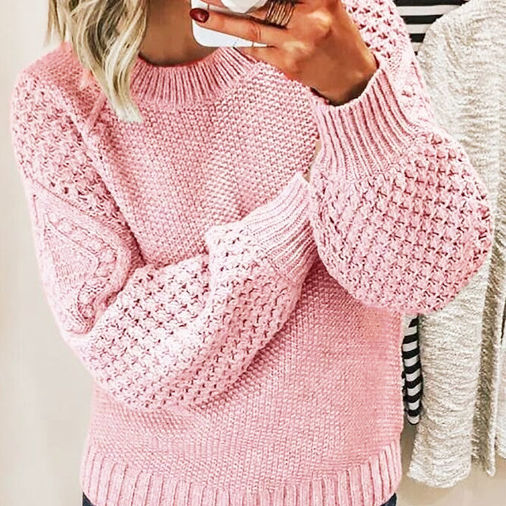 Damen Grobgestrickter Pullover mit Zopfmuster und Ballonärmeln Drune