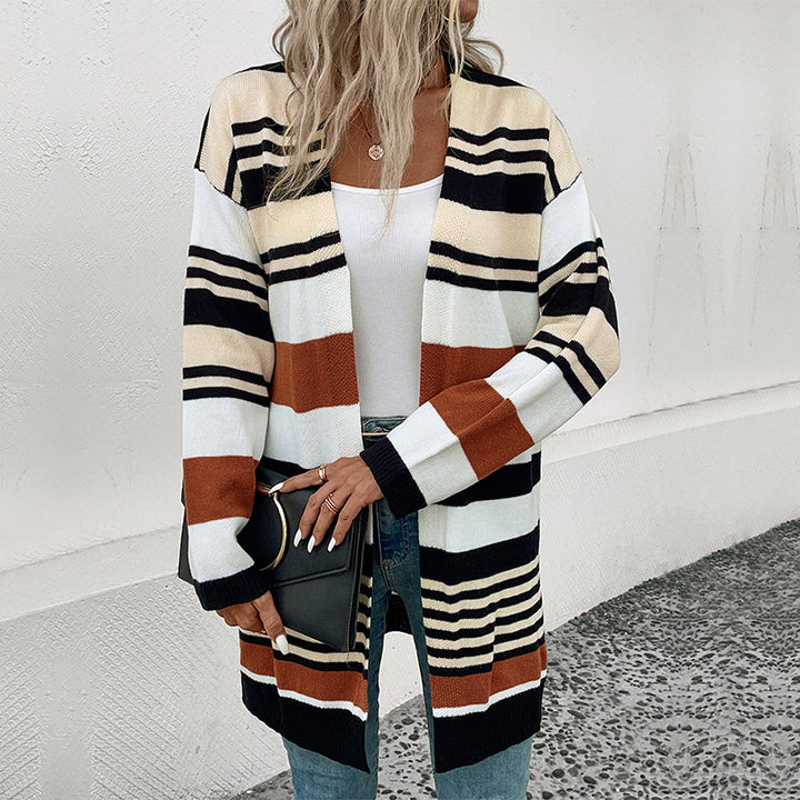 Damen Oversize Strickcardigan mit Blockstreifen, offener Front und langen Ärmeln Drune