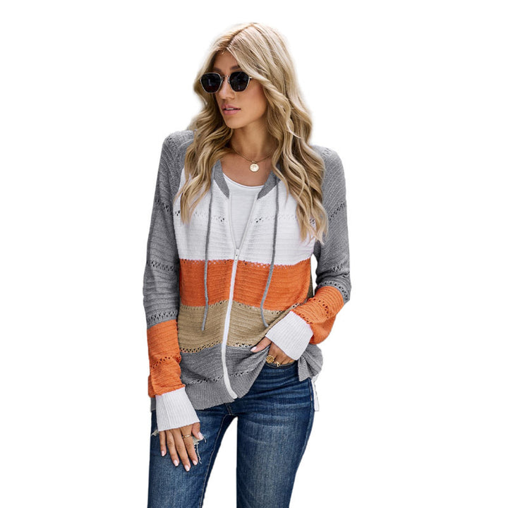 Damen lässige Strickjacke mit Kapuze und dekorativem Lochmuster Drune