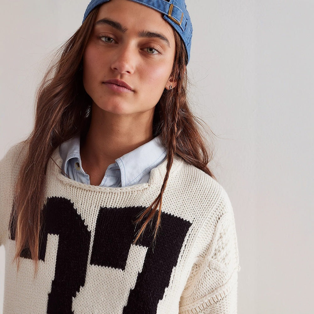 Damen Oversize Grobstrick-Pullover mit sportivem Zahlendekor & Zopfstrickdetail Drune