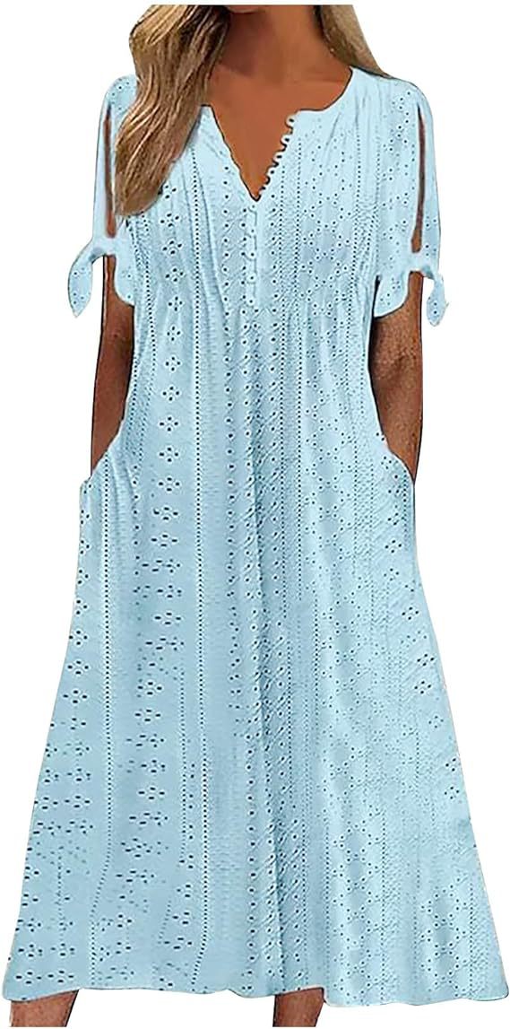 Damen Midikleid mit luftiger Stickdetails und praktischen Seitentaschen Drune