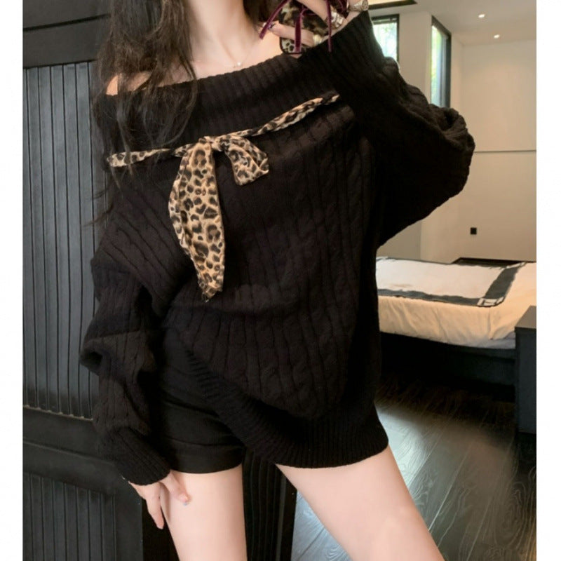 Damen Grobstrickpullover mit offener Schulter und verspieltem Schleifenakzent Drune