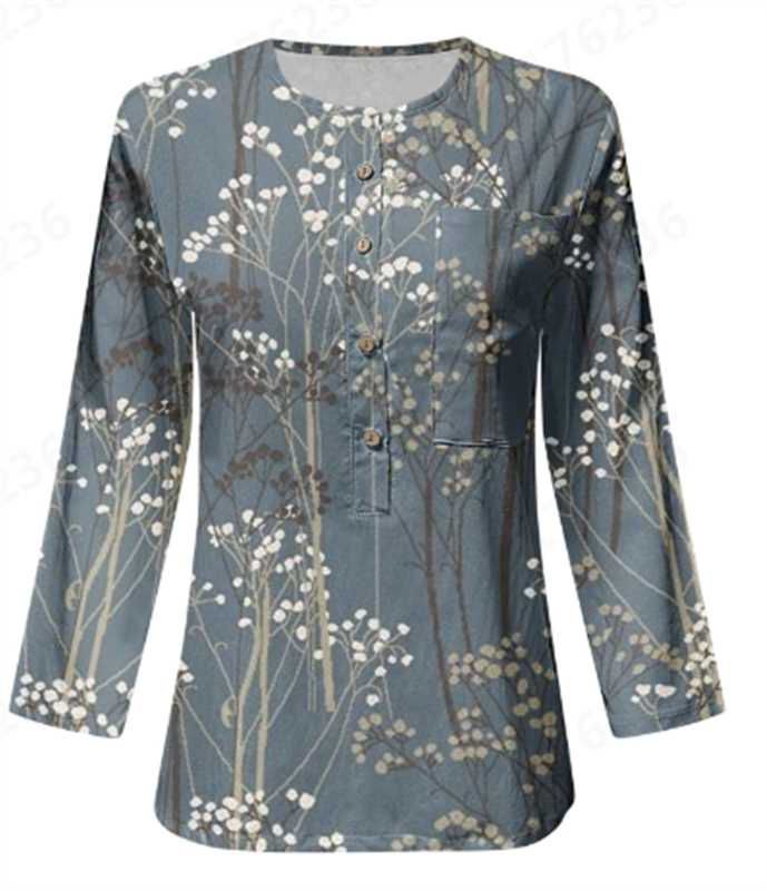 Damen Lange Ärmel Bluse mit Knopfleiste und Blumenmuster Drune