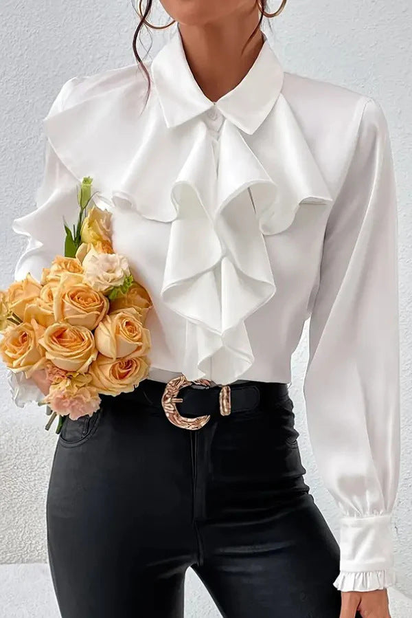 Damen Elegante Rüschenbluse mit Volants, Hemdkragen und Manschetten Drune