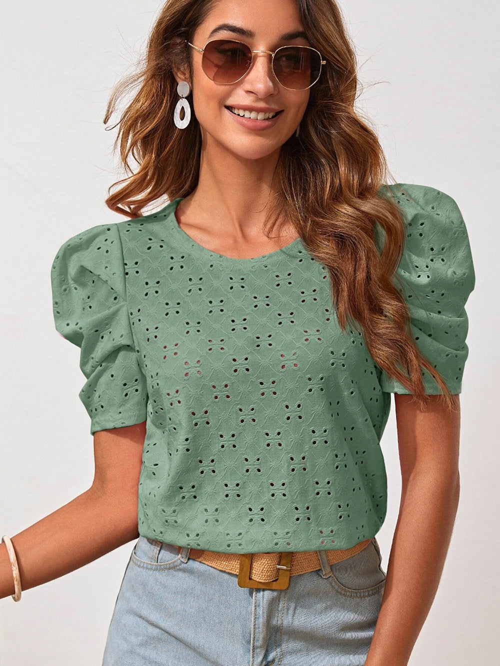 Damen Chic Kurzarmbluse mit Puffärmeln und Lochmuster Drune