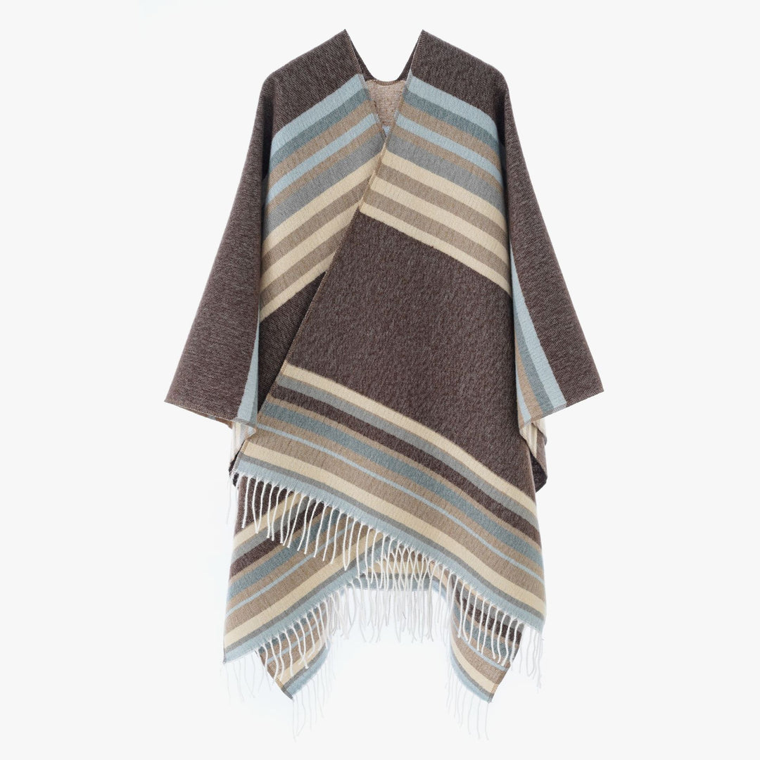Damen kastiger Capeponcho mit V-Ausschnitt, feinem Fransensaum und gestreifter Webstruktur Drune