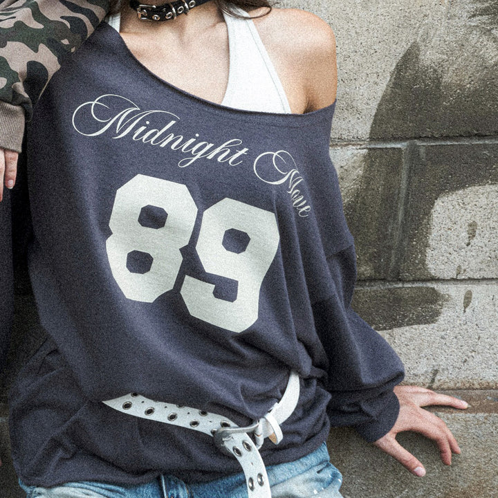 Damen nan Oversized-Sweatshirt im Off-Shoulder‑Stil mit Vintage‑Frontprint und ausgestelltem Saum Drune