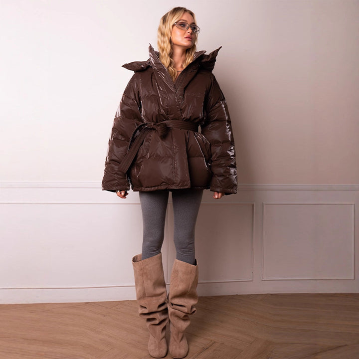 Damen wattierte Kapuzen-Steppjacke mit Taillengürtel Drune
