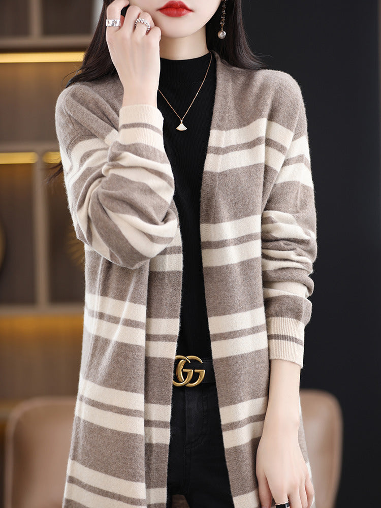 Damen Oversize-Longcardigan aus weichem Wollmix mit kontrastierenden Blockstreifen Drune