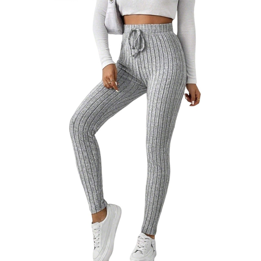 Damen gerippte Highwaist-Stricklegging mit Tunnelzug, elastischer Bund und figurbetonter Skinny-Passform Drune