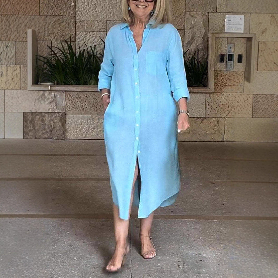 Damen Leichtes Sommerkleid mit Knopfleiste und langen Ärmeln Drune
