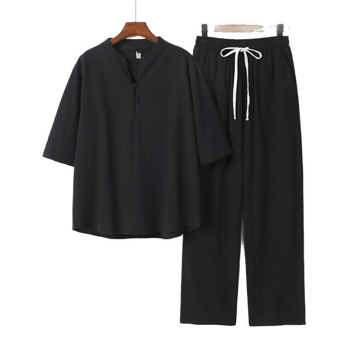 Unisex Lockeres Lounge-Set mit Stehkragen-Halbarmshirt und Elastischer Bundhose Drune