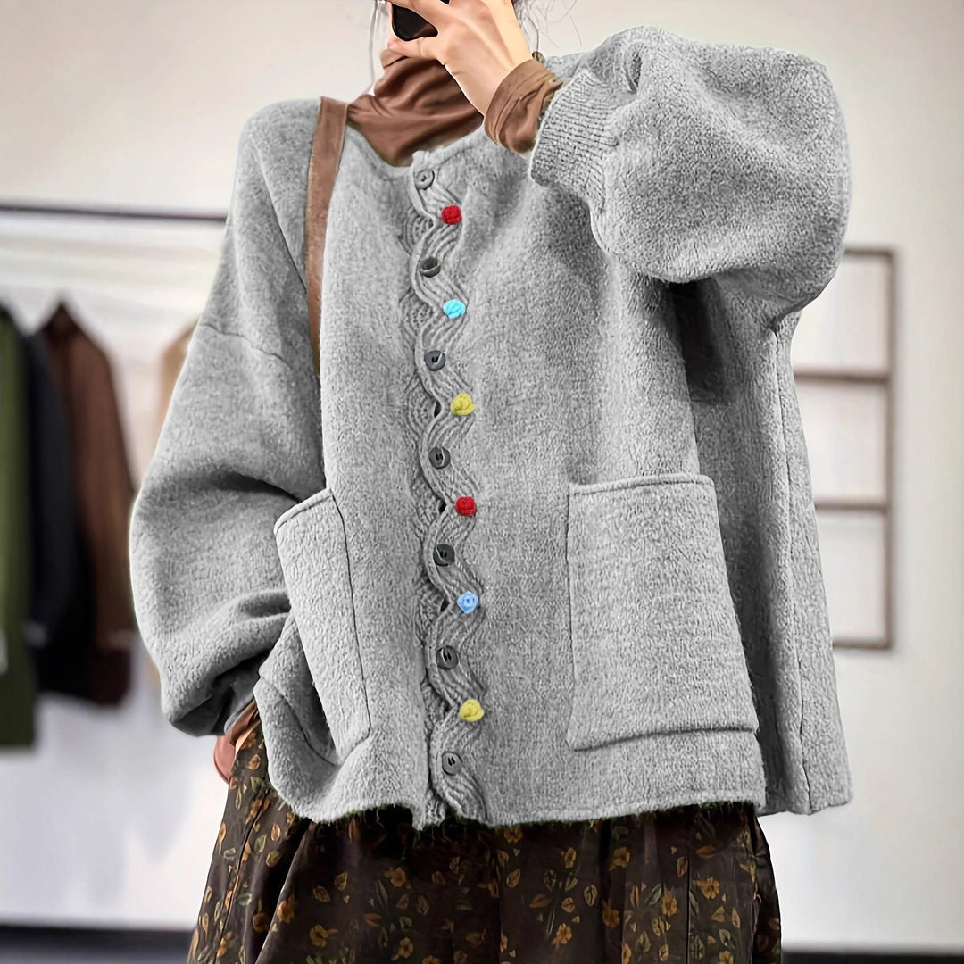 Damen Oversized Strickcardigan mit Zierknopfleiste und aufgesetzten Taschen Drune