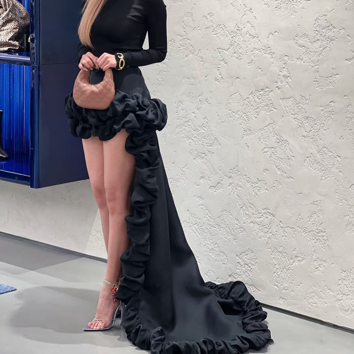 Damen glamouröses Cocktailkleid mit voluminösen Rüschen und transparenten Ärmeln Drune