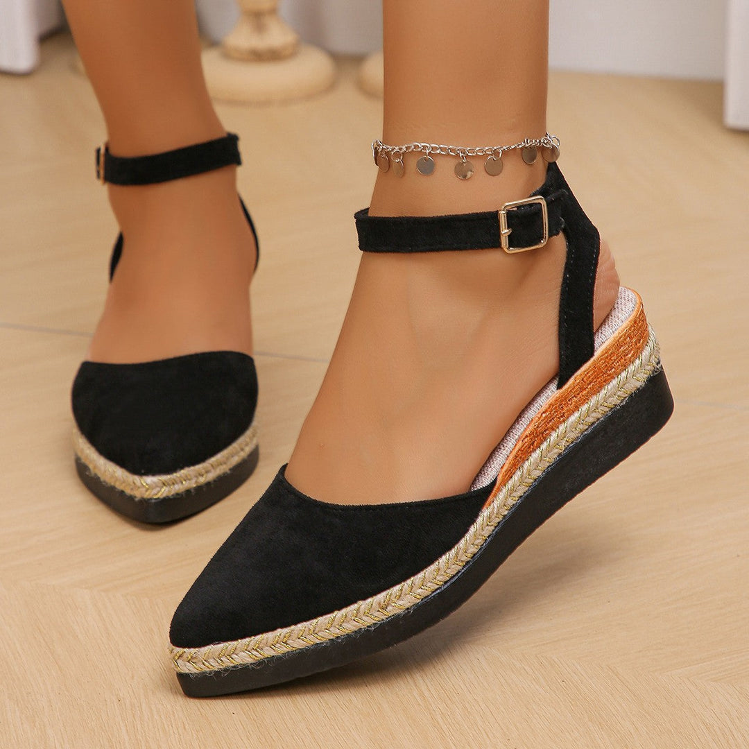 Damen nan geschlossene Velours-Espadrille mit Keilplattform, verstellbarem Knöchelriemen und geflochtenem Bastrand Drune