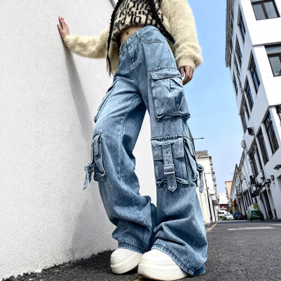 Damen Weite Cargo-Jeanshose mit mehreren aufgesetzten Taschen und Utility-Details Drune