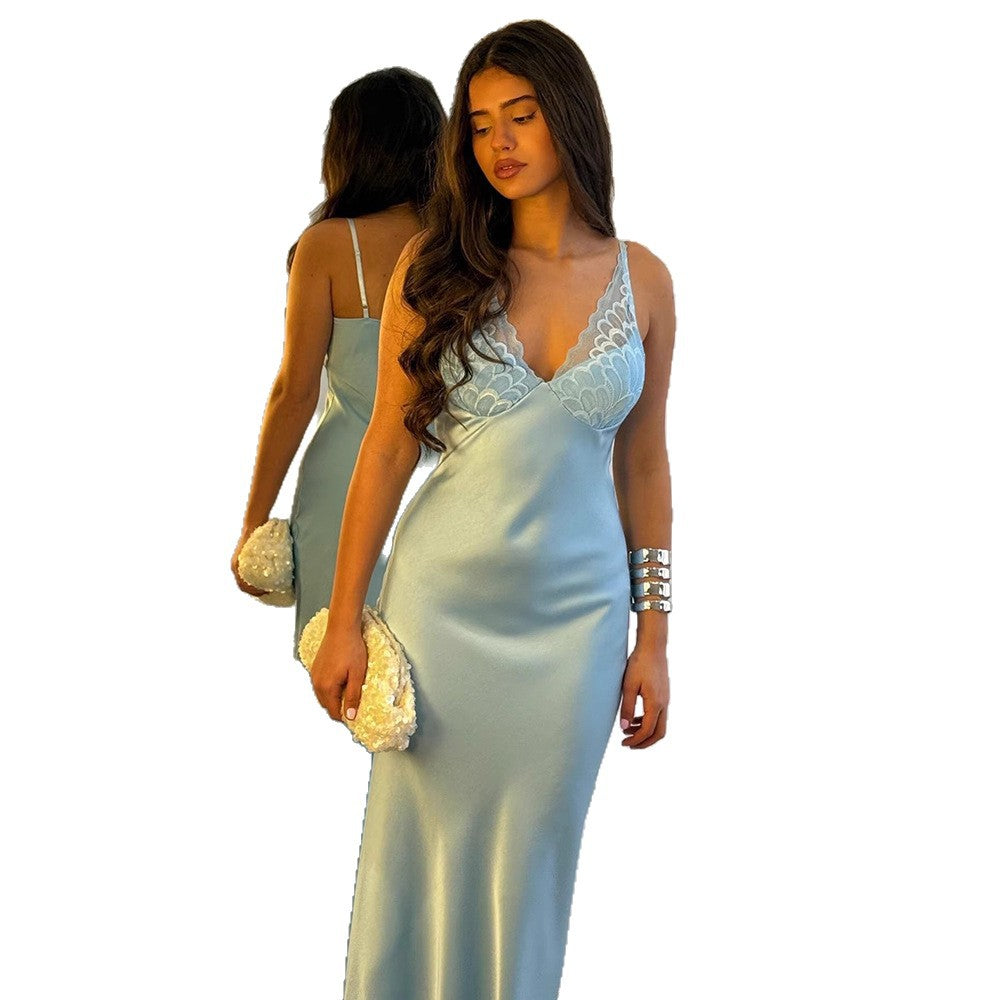 Damen Elegantes Seiden-Maxikleid mit Spitzenverzierung Drune