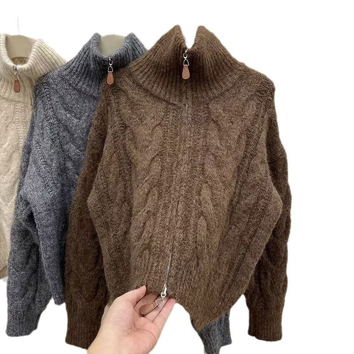 Damen Grobstrickpullover mit hohem Kragen und dekorativem Reißverschluss Drune