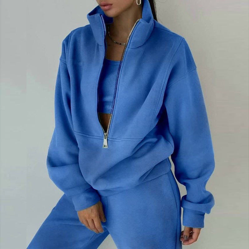Damen nan kurzes Halbzip-Sweatshirt-und-Jogginghose-Set mit Stehkragen, oversized Schnitt und weichem French-Terry Drune
