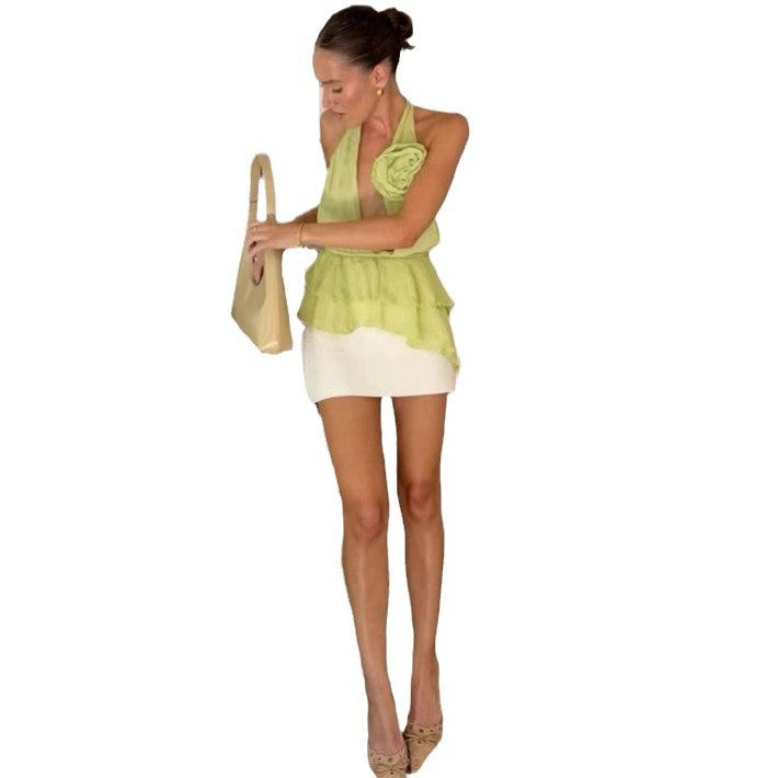 Damen Elegantes Oberteil mit Blumenapplikation und tiefem V-Ausschnitt Drune