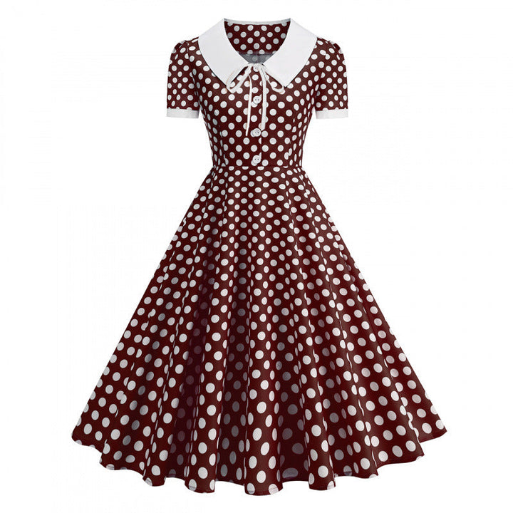 Damen Retro Maxikleid mit Kragen und Punkten Drune