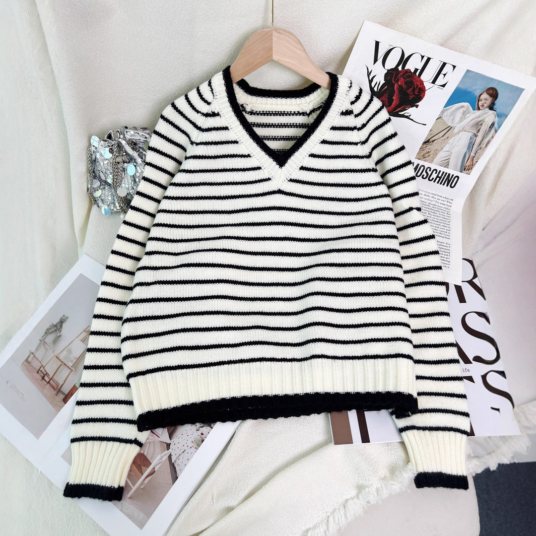Damen gestreifter V-Ausschnitt Pullover im lässigen Stil Drune