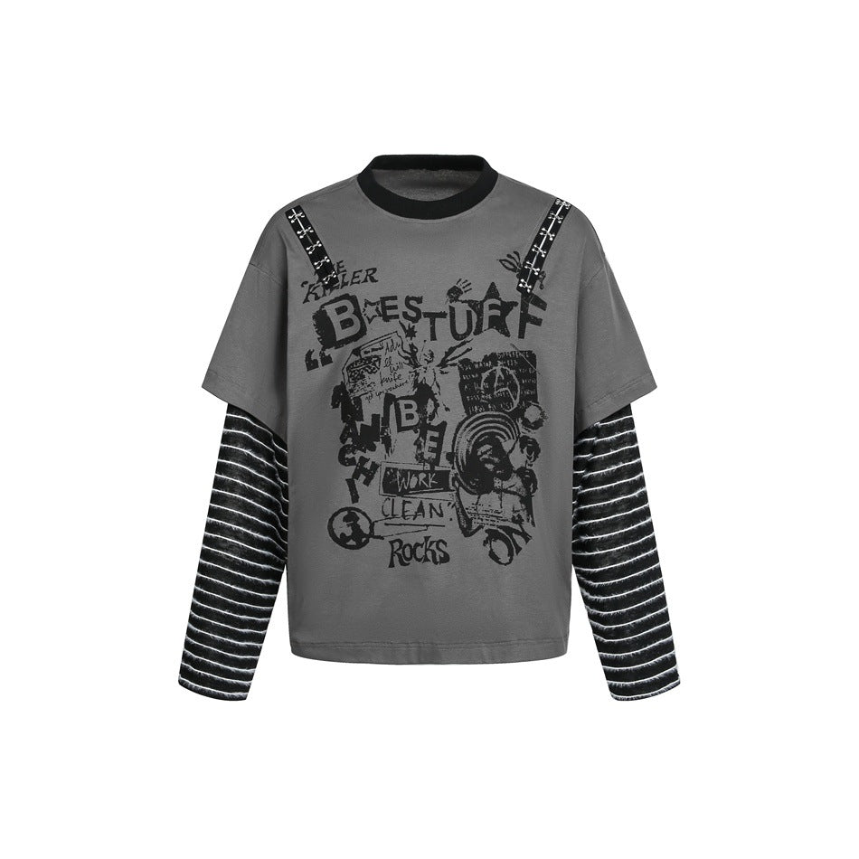 Damen Lagenlook-T-Shirt mit gestreiften Ärmeln und Graffiti-Print Drune