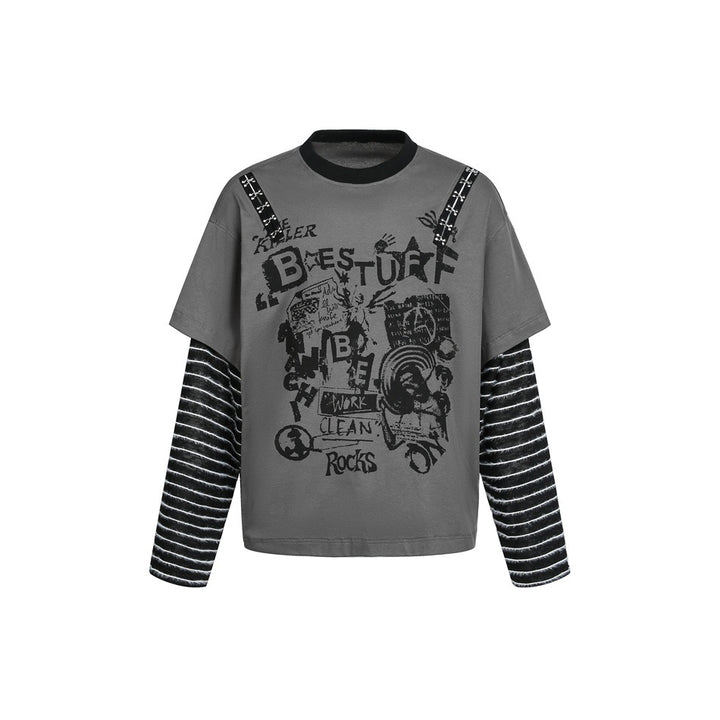 Damen Lagenlook-T-Shirt mit gestreiften Ärmeln und Graffiti-Print Drune