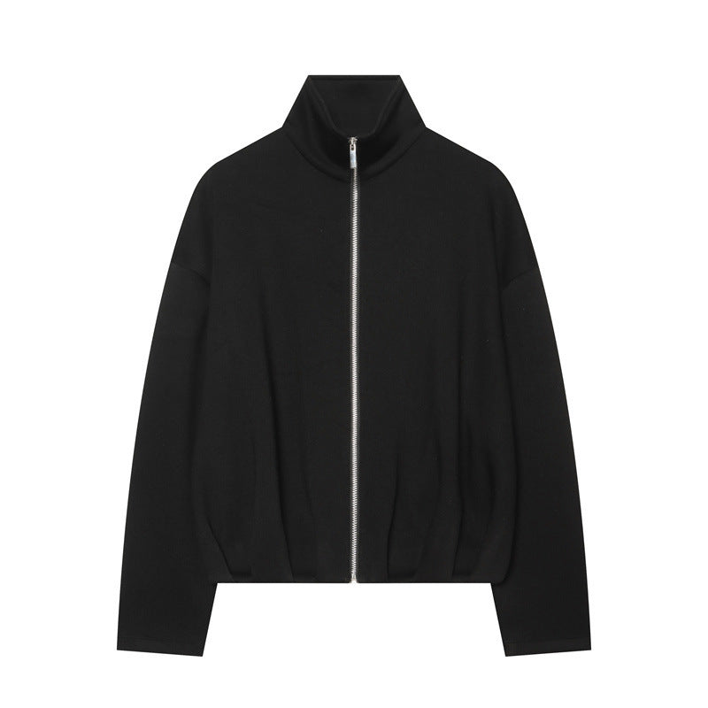 Damen Boxy Cropped Stehkragen‑Strickjacke mit durchgehendem Reißverschluss und überschnittener Schulter Drune