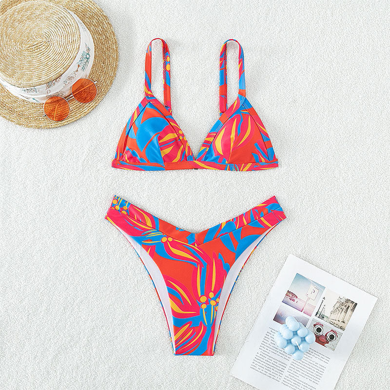 Damen Triangel-Bikini mit floralem Muster und hochgeschnittenen Höschen Drune