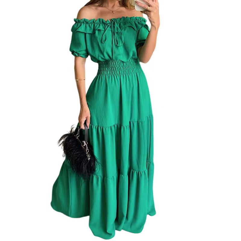 Damen Maxikleid mit schulterfreiem Design und voluminösen Rüschen Drune