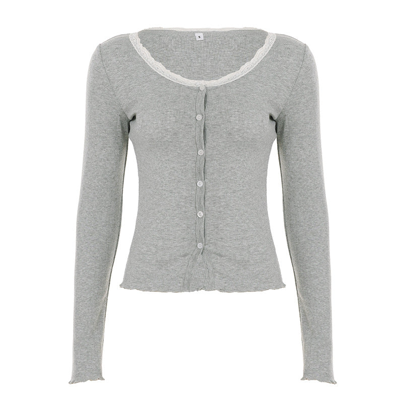 Damen nan feiner Kurzcardigan mit Knopfleiste, Spitzenkragen und welligem Saum Drune
