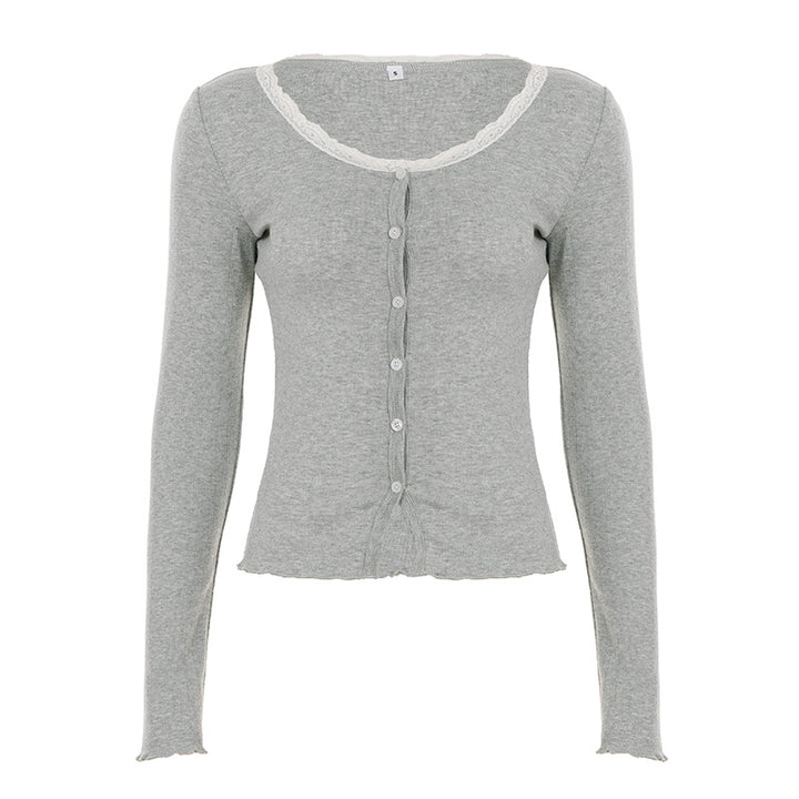 Damen nan feiner Kurzcardigan mit Knopfleiste, Spitzenkragen und welligem Saum Drune