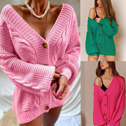 Damen Strickjacke mit tiefem V-Ausschnitt und großen Knöpfen Drune