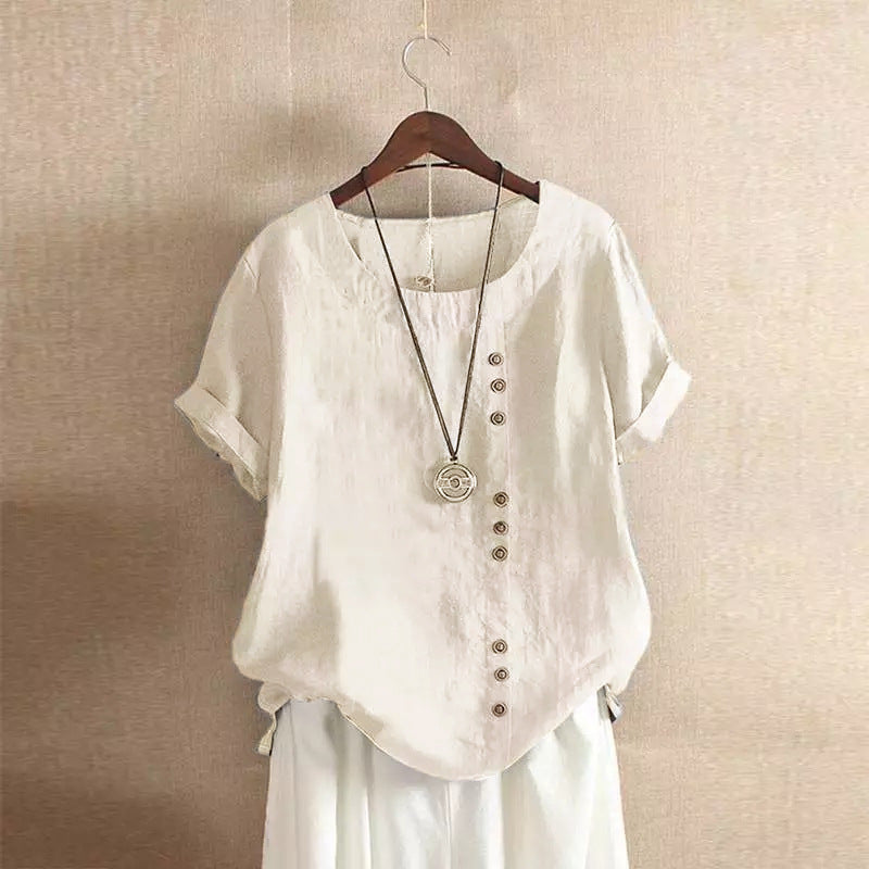 Damen lässige Leinenbluse mit umschlagbaren Ärmeln und Knopfdetails Drune