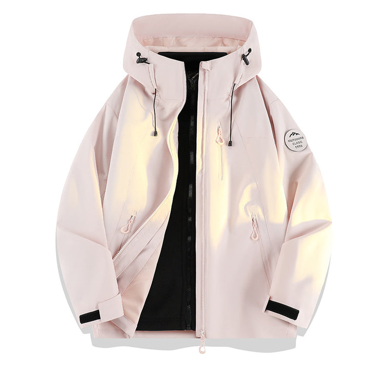 Damen Leichte wasserdichte Kapuzenjacke mit Teddy‑Charm und verdeckten Reißverschlusstaschen Drune
