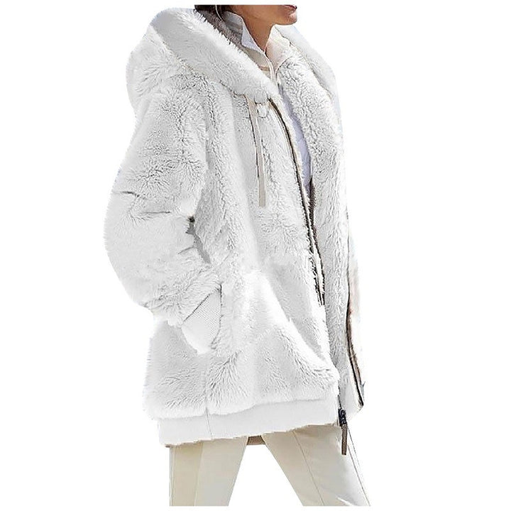 Damen Kuschelige Teddy-Kapuzenjacke mit Kontrastbesatz, Reißverschluss und Eingrifftaschen Drune