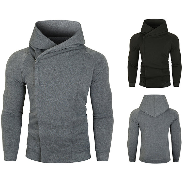 Herren nan asymmetrischer Kapuzenpullover mit Wickelkragen und verdeckter Knopfleiste, schlanke sportive Passform Drune