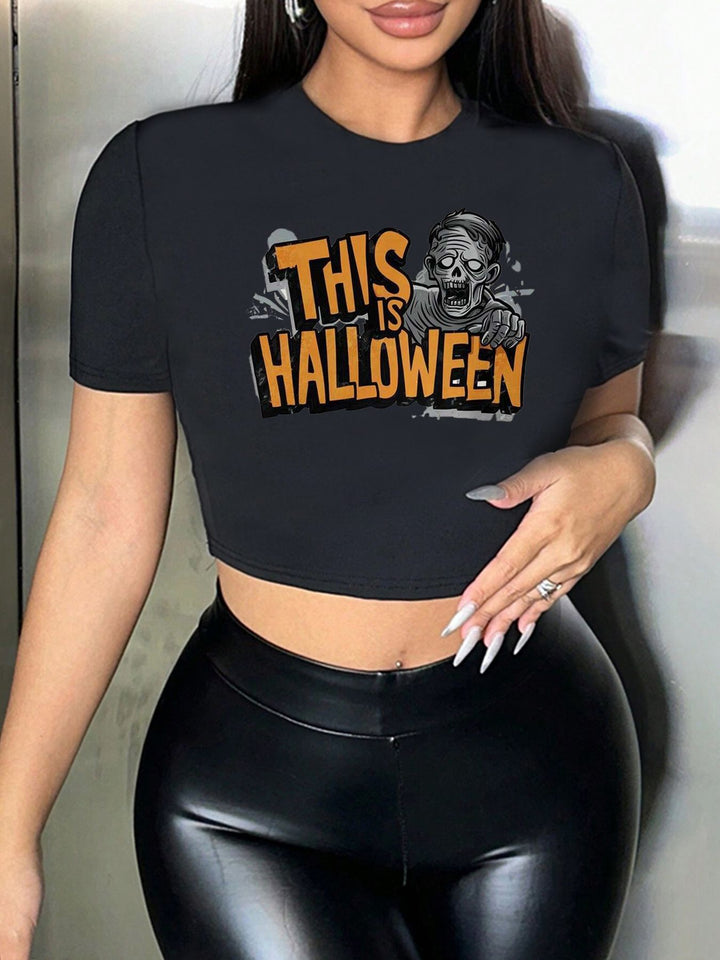 Damen Crop-T-Shirt mit kreativem Lippenmotiv und figurbetontem Schnitt Drune