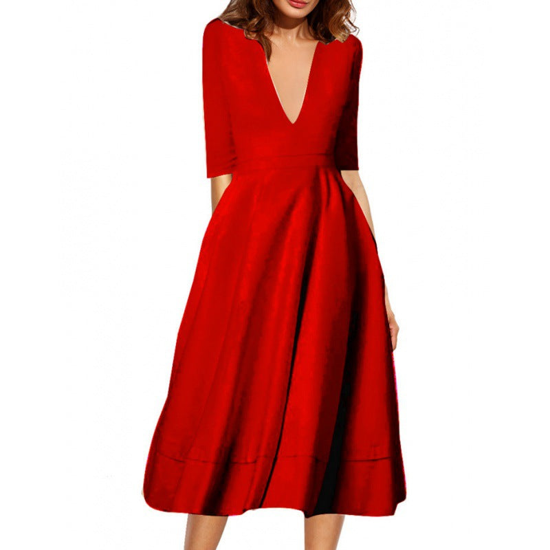 Damen Maxikleid mit tiefem V-Ausschnitt und schwingendem Rock Drune