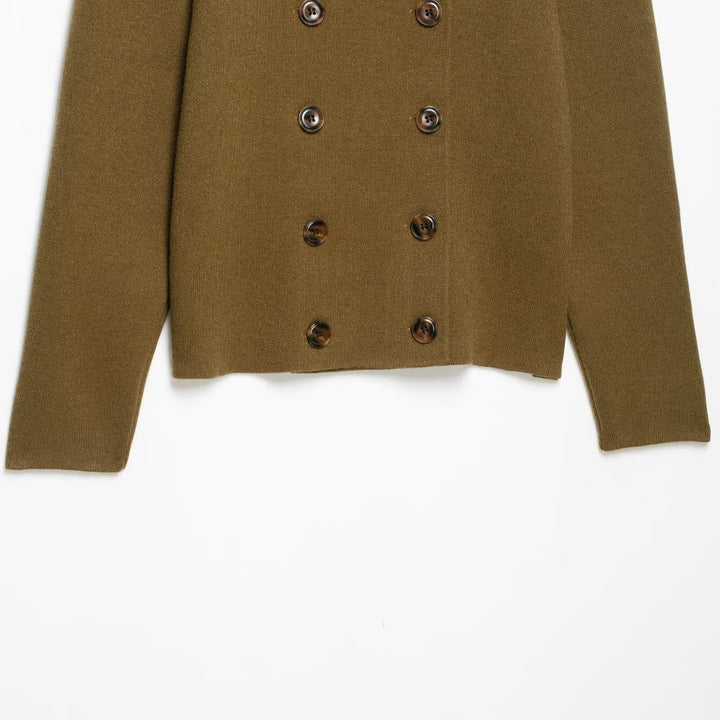 Damen Doppelreihige Cropped Strickjacke mit Stehkragen Drune