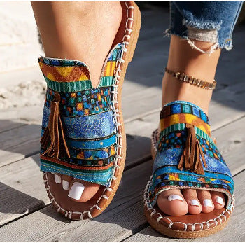 Damen Ethno-Slipper-Sandalen mit Quaste und handgenähter Ziernaht Drune