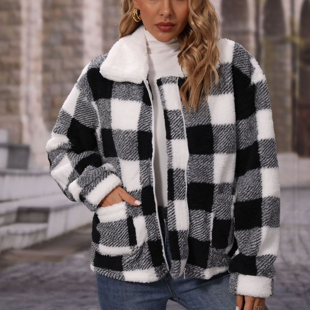 Damen Kuschelige Karojacke mit asymmetrischem Reißverschluss Drune