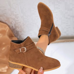 Damen Veloursleder-Ankle-Boots mit seitlichem Reißverschluss, Zier-Schnalle und niedrigem Blockabsatz Drune